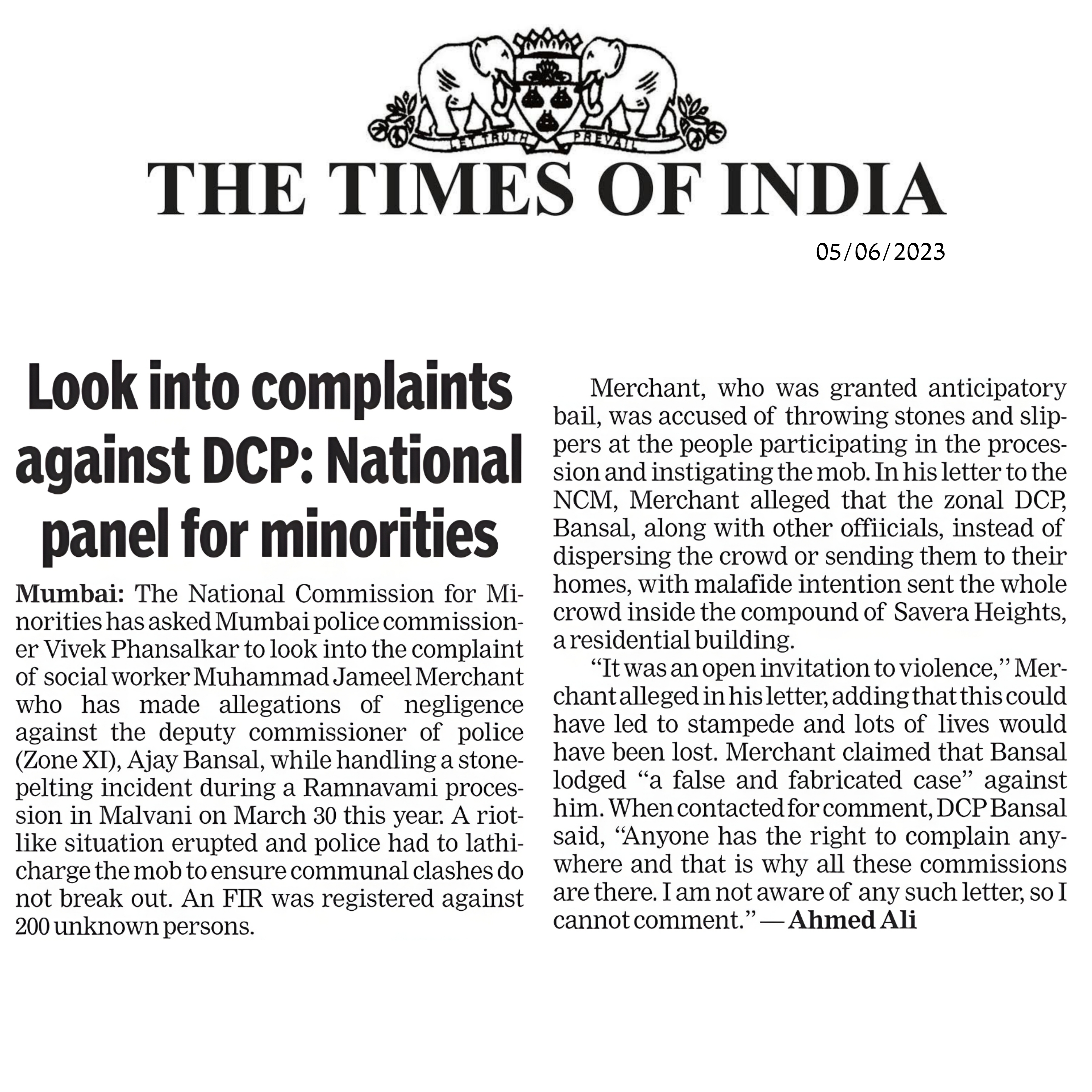 Look Into Complaints Against DCP: National Panel for Minorities