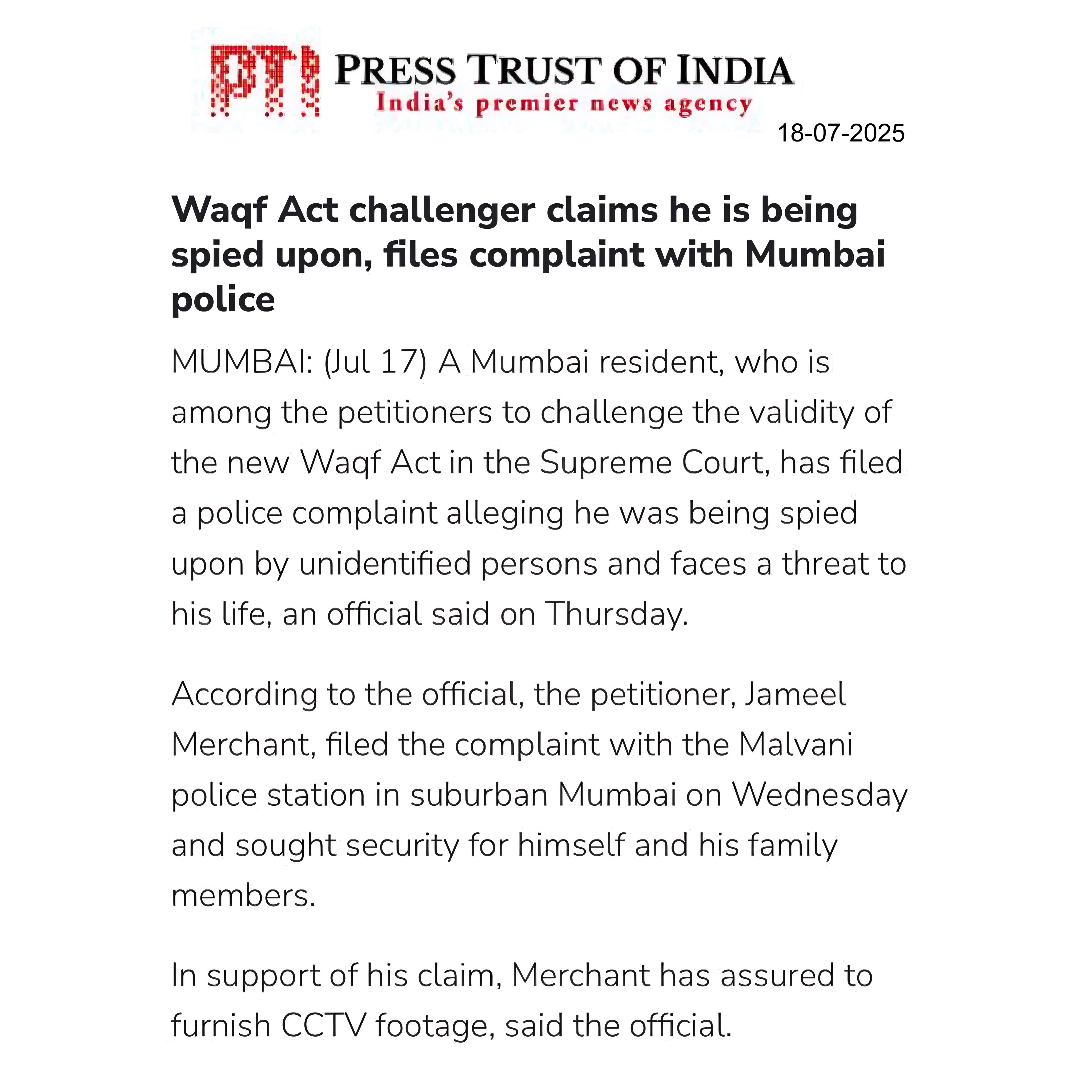 Waqf Act Challenger Claims He Is Being Spied Upon