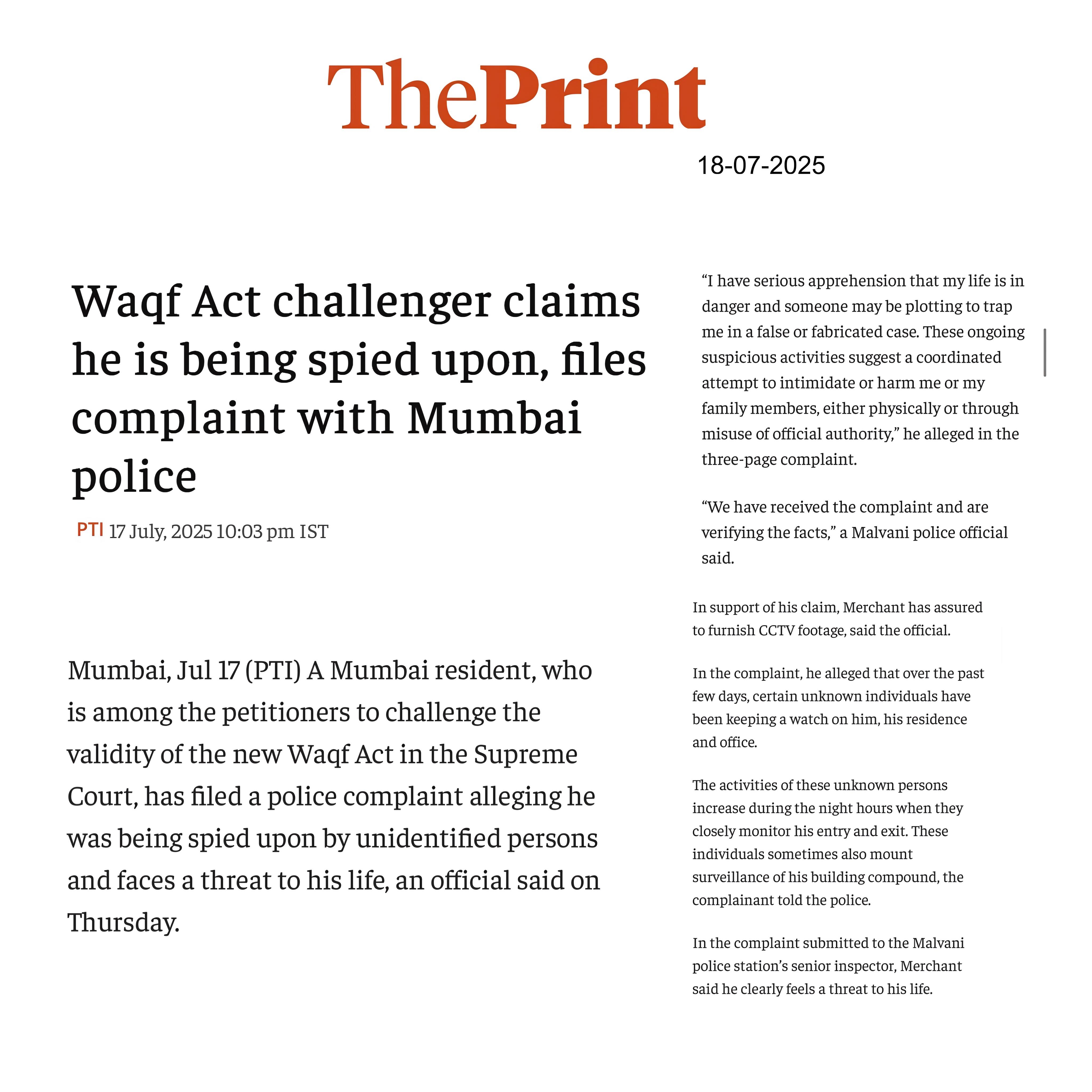 Waqf Act Challenger Claims He Is Being Spied Upon